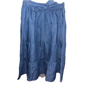 Deja Bleu Premium Denim Maxi Skirt Tiered Belted Prairie Western Boho L Peasant
